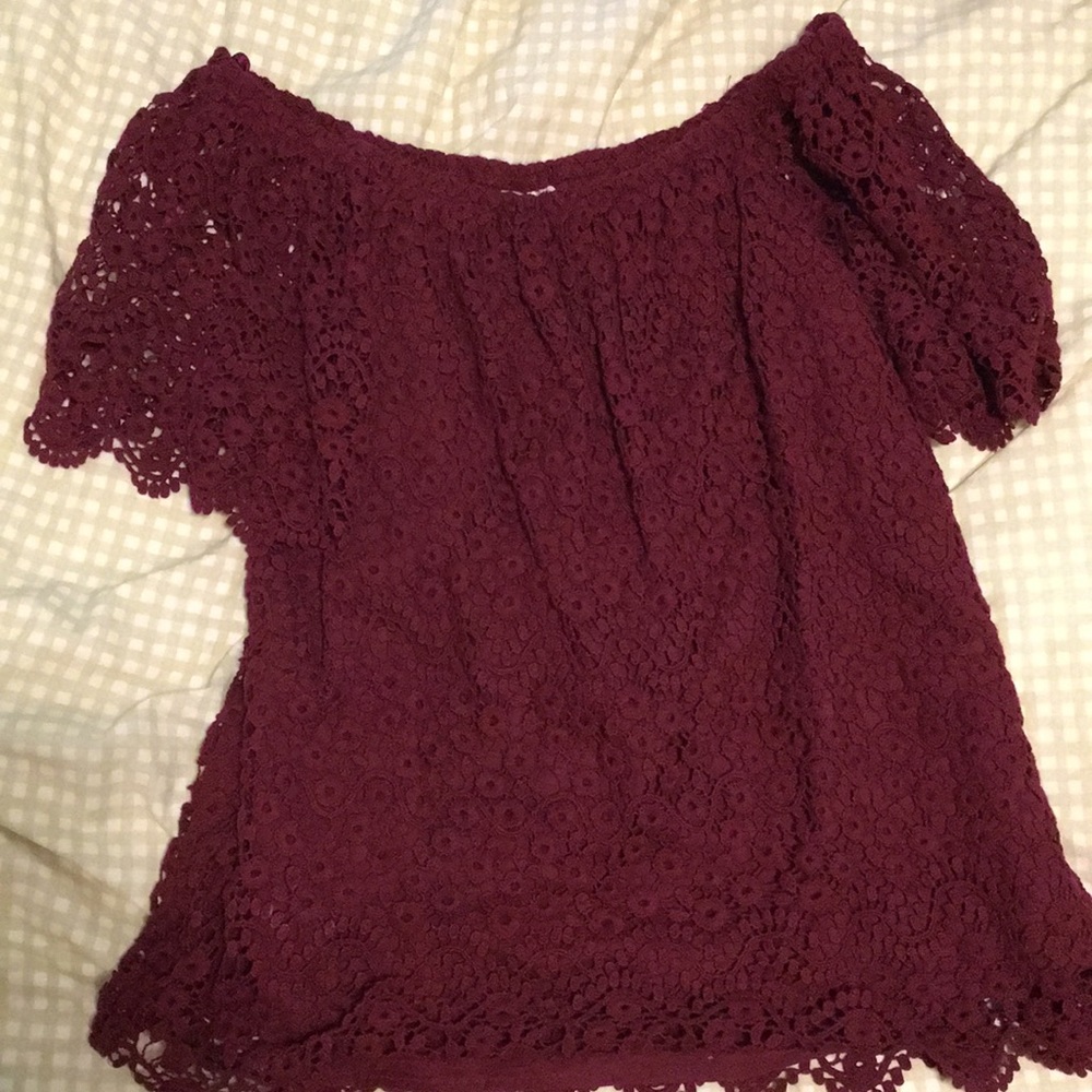 Red lace off the shoulder blouse